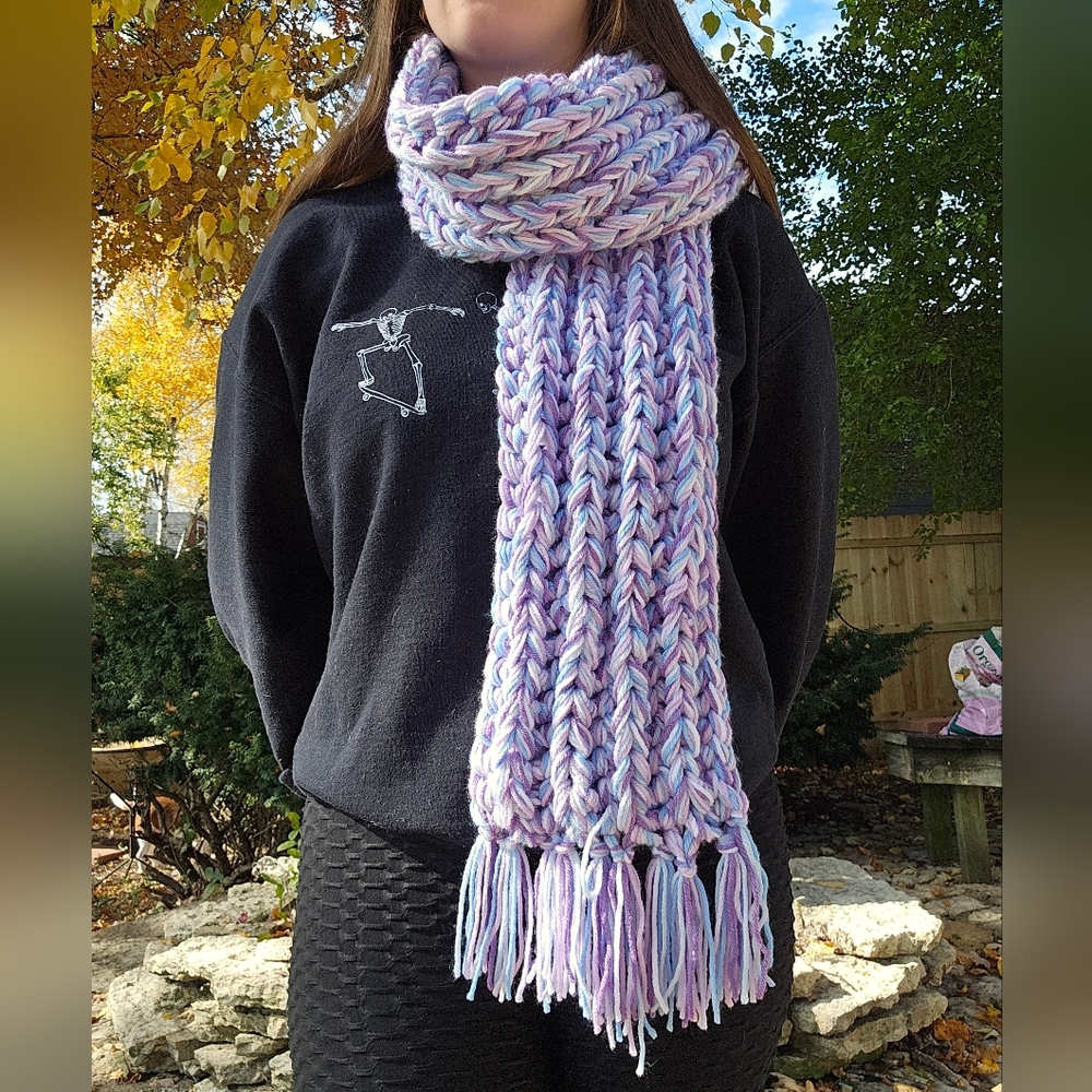 Handmade Chunky Crochet Purple And Blue Scarf - Picture 2 of 3